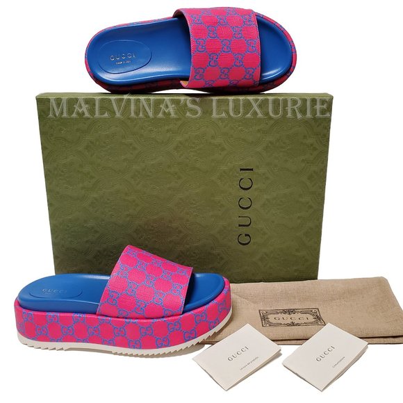 GUCCI SHOES GG SUPREME CANVAS JOY FUCHSIA PLATFORM SLIDE - Picture 2 of 15